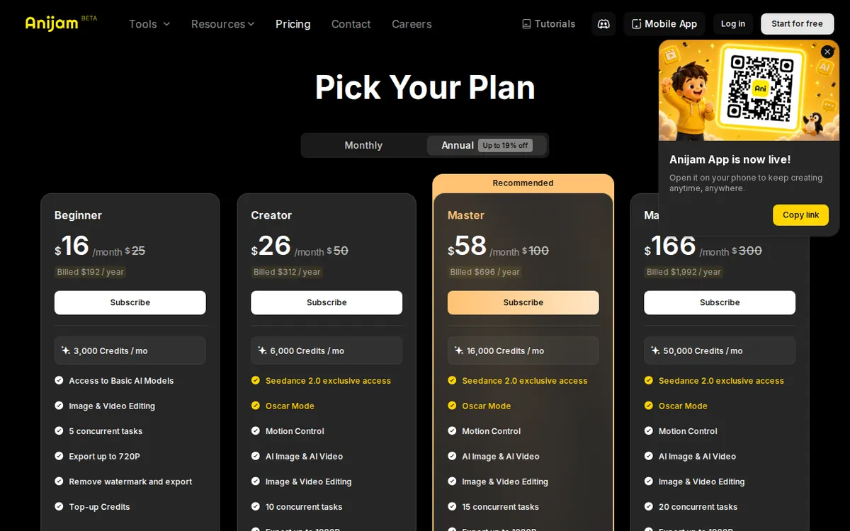 Screenshot of anijam.ai (official pricing page), captured 2026-10-07