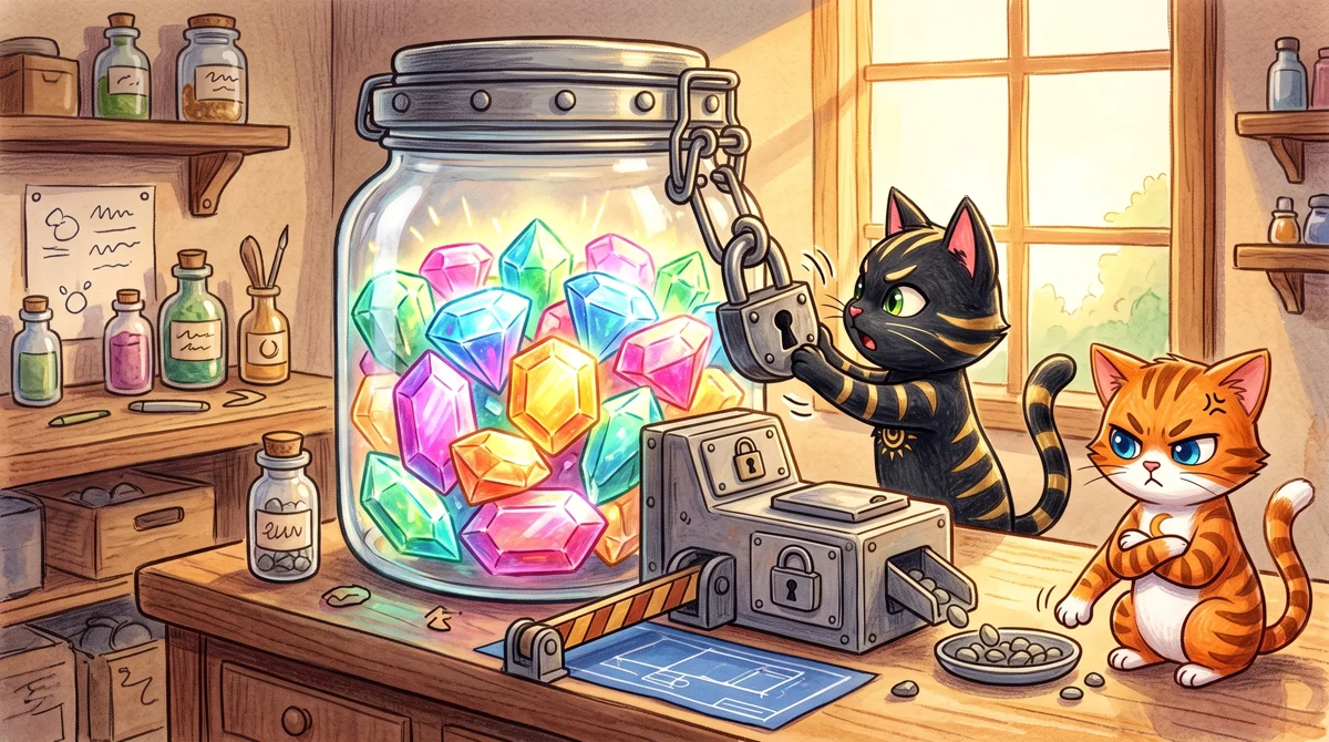 AMPM illustration: A locked dispenser full of tokens yields only a tiny handful, abruptly halting work until the next su