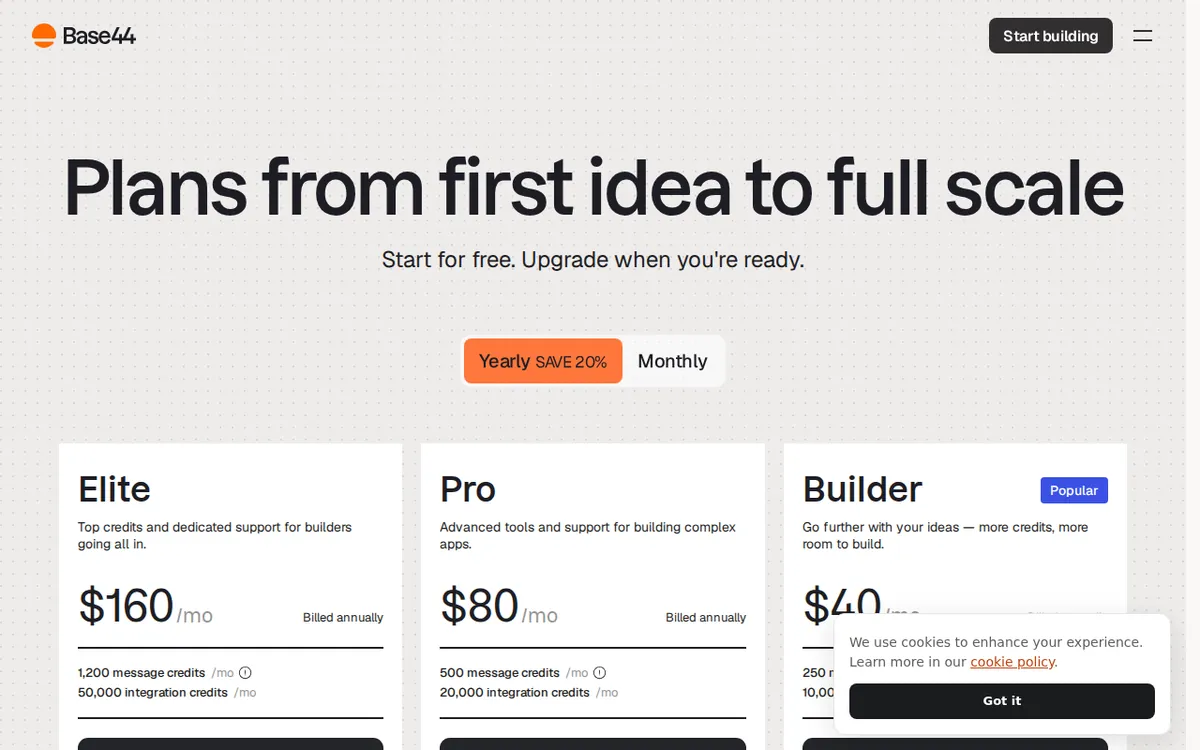 Screenshot of base44.com (official pricing page), captured 2026-10-05