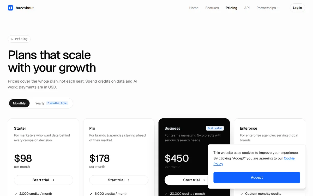 Screenshot of buzzabout.ai (official pricing page), captured 2026-10-07