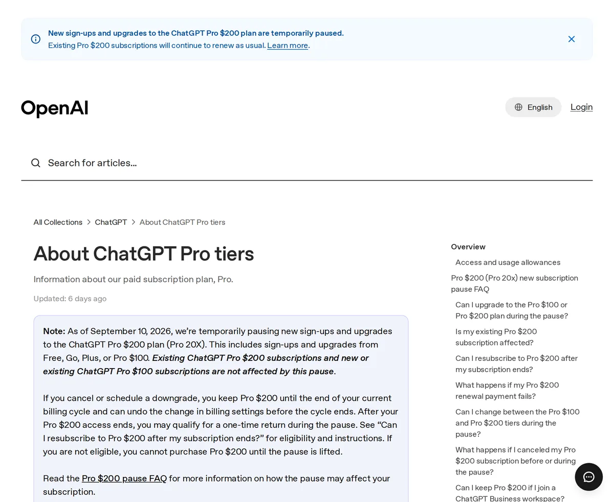 OpenAI 說明中心「About ChatGPT Pro tiers」頁截圖,2026-09-29:頂部公告 Pro US$200 新訂閱與升級暫停,既有訂閱照常續訂