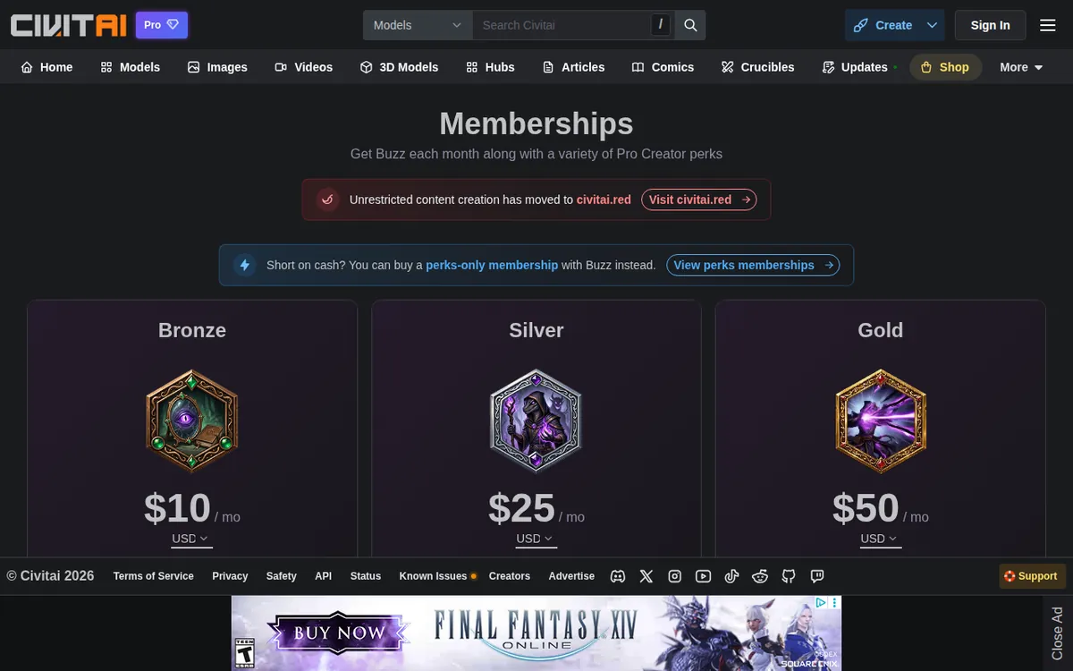 Screenshot of civitai.com (official pricing page), captured 2026-10-25