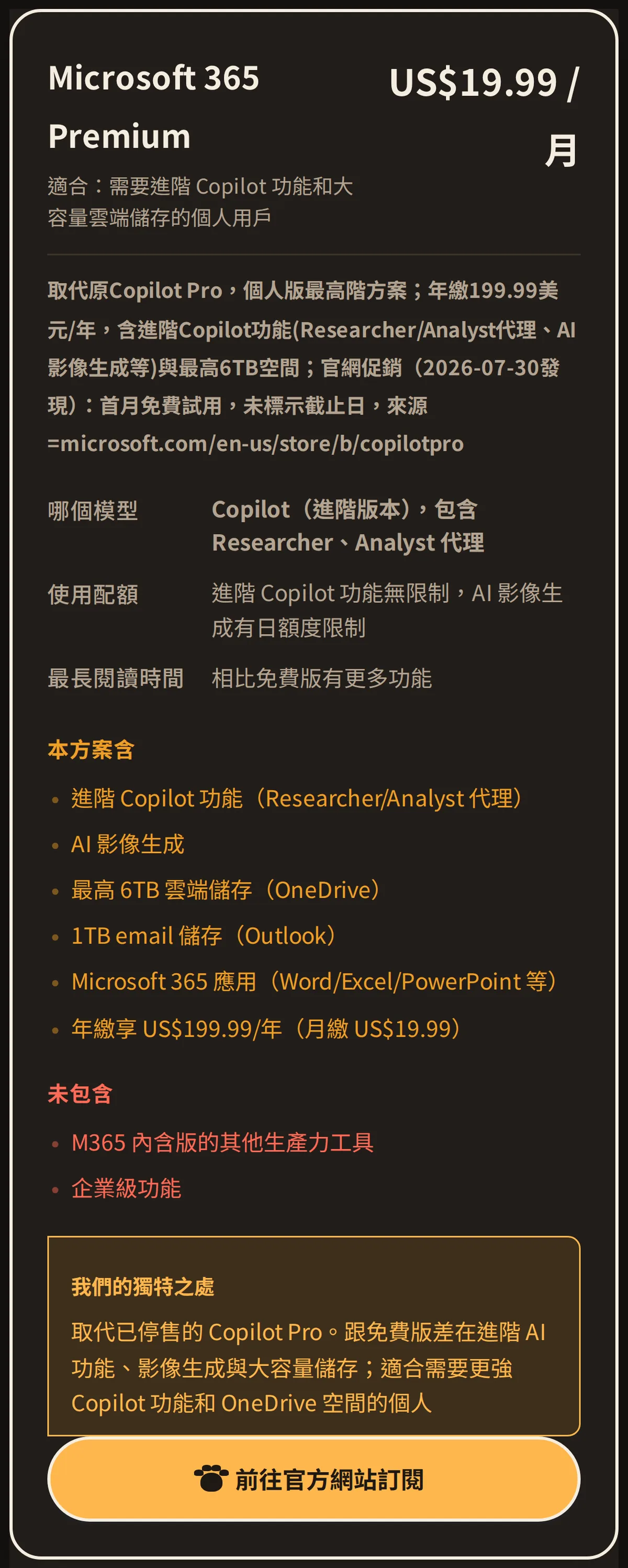 問問貓 Microsoft Copilot 方案差異表截圖（1/2：Microsoft 365 Premium US$19.99／月），2026-09-29
