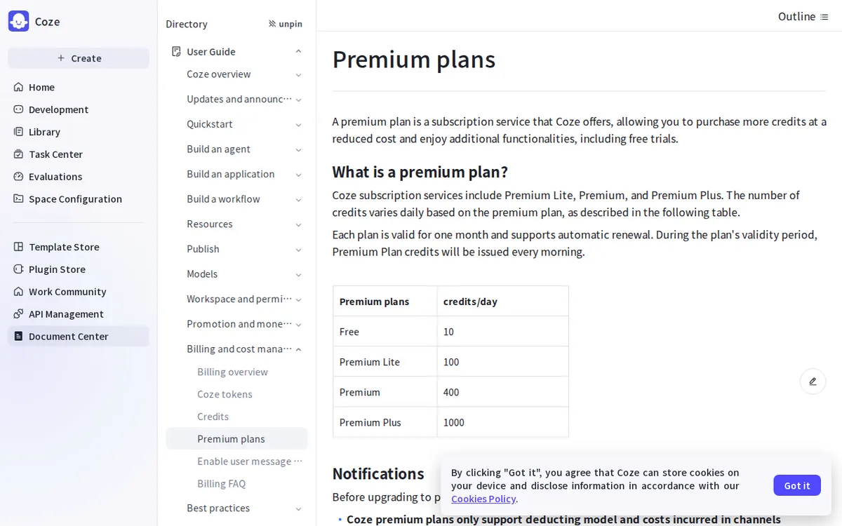 Screenshot of coze.com (official pricing page), captured 2026-10-07