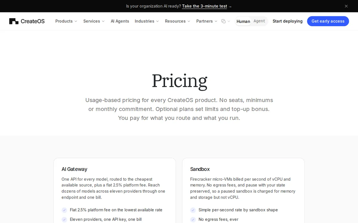 Screenshot of createos.sh (official pricing page), captured 2026-10-08
