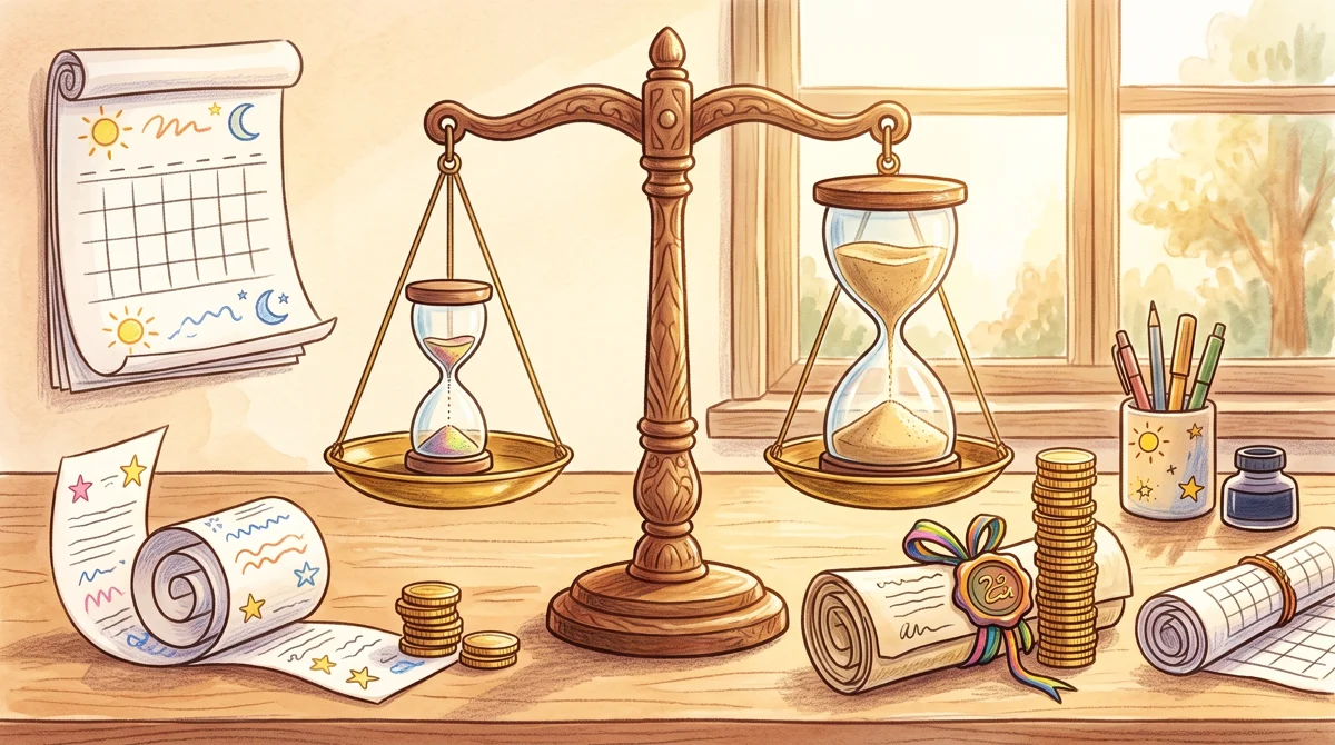 AMPM illustration: Hourglasses and rolled scrolls illustrate the contrasting trial lengths and commitments between subsc