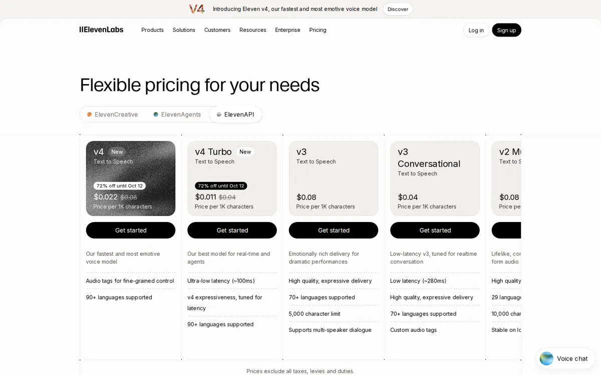 ElevenLabs 官網 API 定價頁：v4 與 v4 Turbo 標示 72% off until Oct 12，2026-09-29 截圖