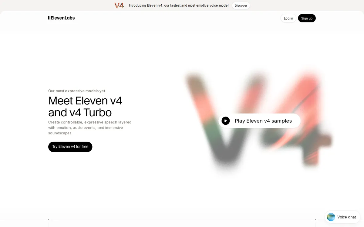 ElevenLabs 官網 v4 頁首屏：Meet Eleven v4 and v4 Turbo，2026-09-29 截圖