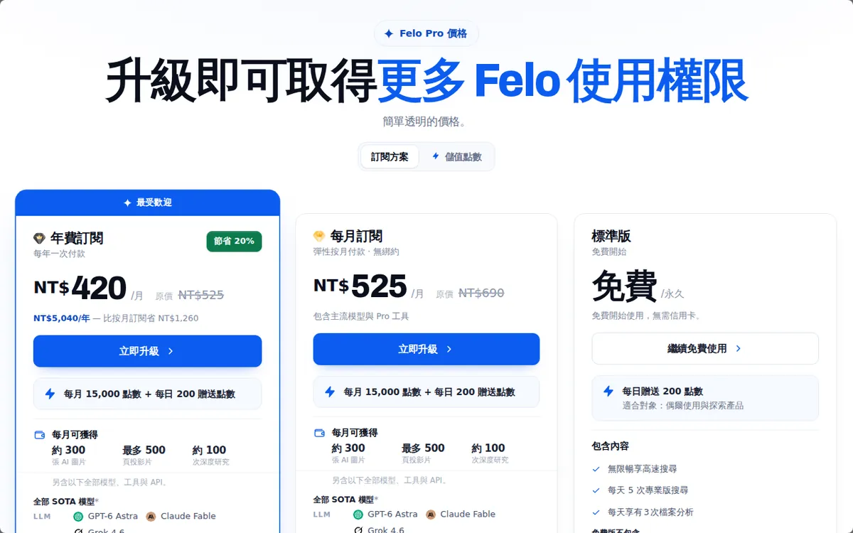 Felo官方定價頁截圖：felo.ai，2026-10-07 擷取