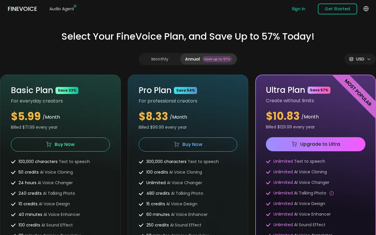 FineVoice官方定價頁截圖：finevoice.ai，2026-10-24 擷取