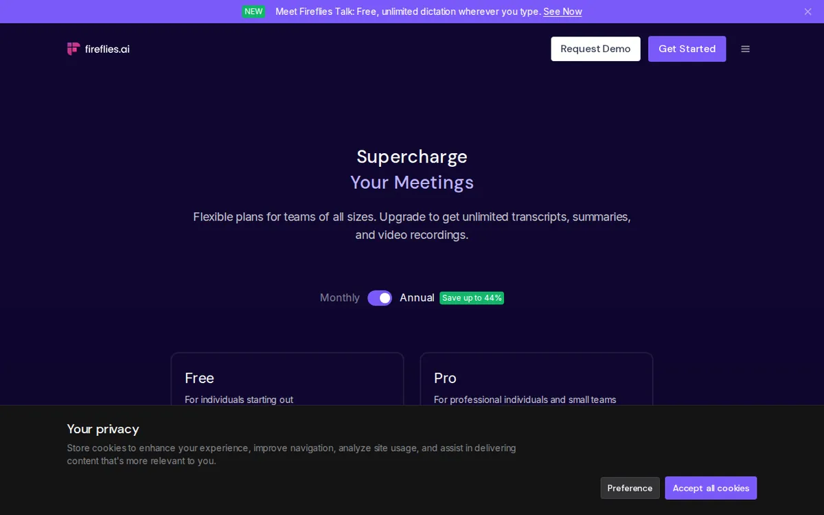 Screenshot of fireflies.ai (official pricing page), captured 2026-10-08