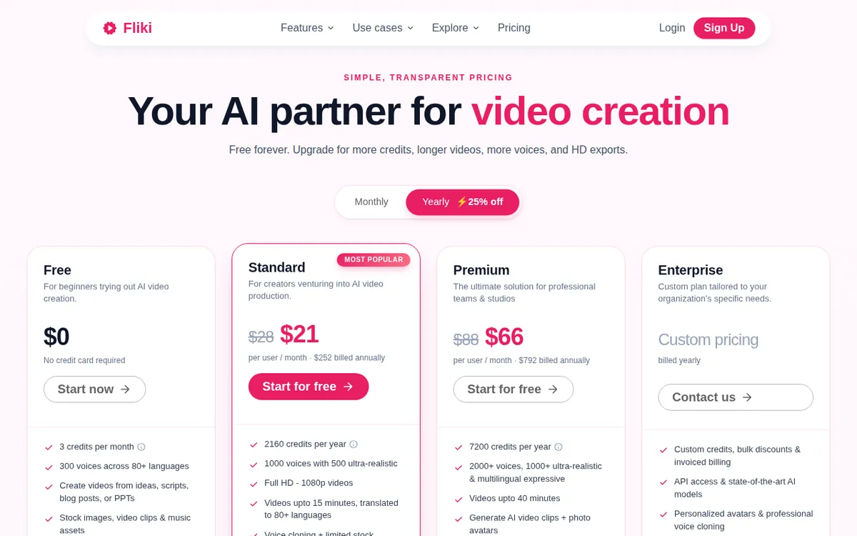 Screenshot of fliki.ai (official pricing page), captured 2026-10-18