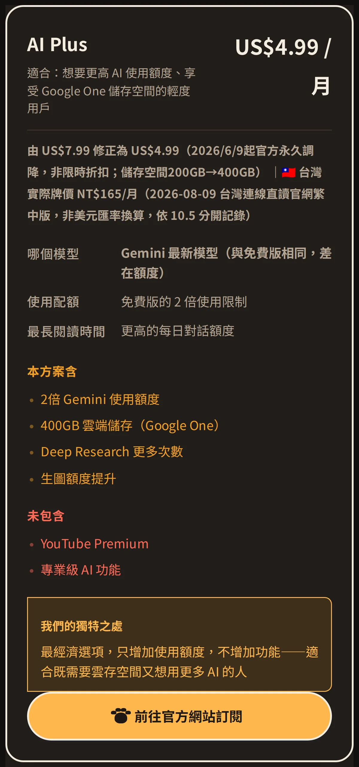 問問貓 Gemini 方案差異表截圖（1/2：AI Plus），2026-09-29，共 4 個方案只截前 2 個