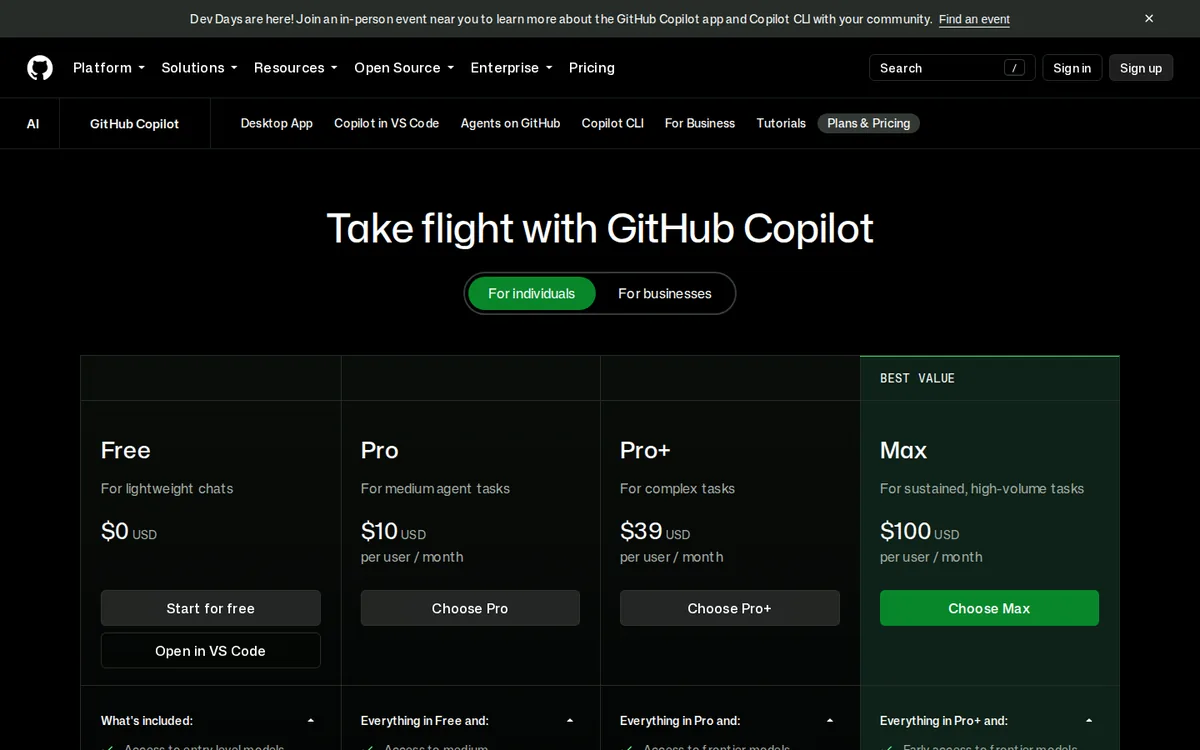 GitHub Copilot 官方方案頁：Free US$0、Pro US$10、Pro+ US$39、Max US$100，2026-09-29 截圖