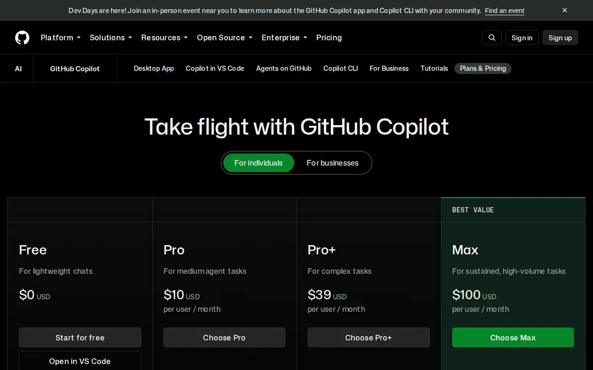 Screenshot of github.com (official pricing page), captured 2026-10-09