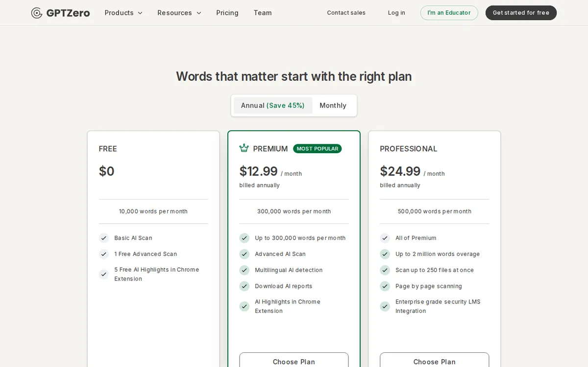 Screenshot of gptzero.me (official pricing page), captured 2026-10-20