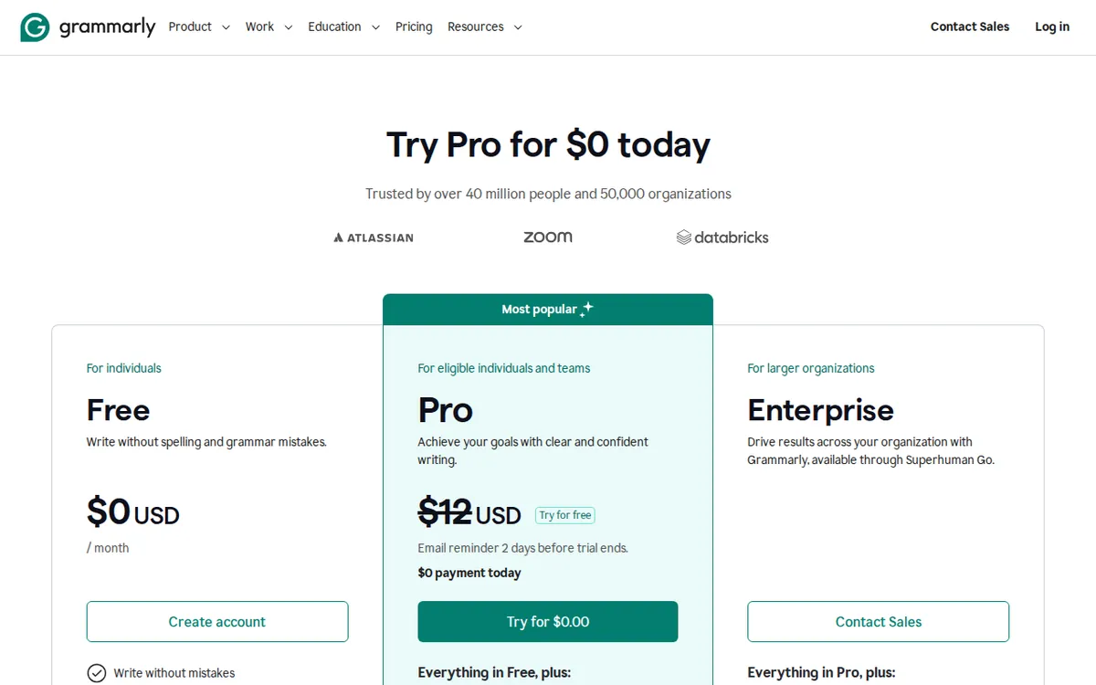 Screenshot of grammarly.com (official pricing page), captured 2026-10-05