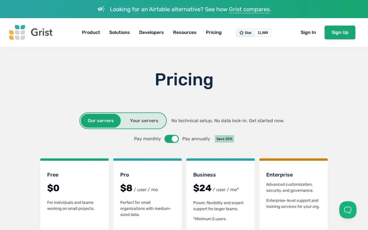 Screenshot of getgrist.com (official pricing page), captured 2026-10-22