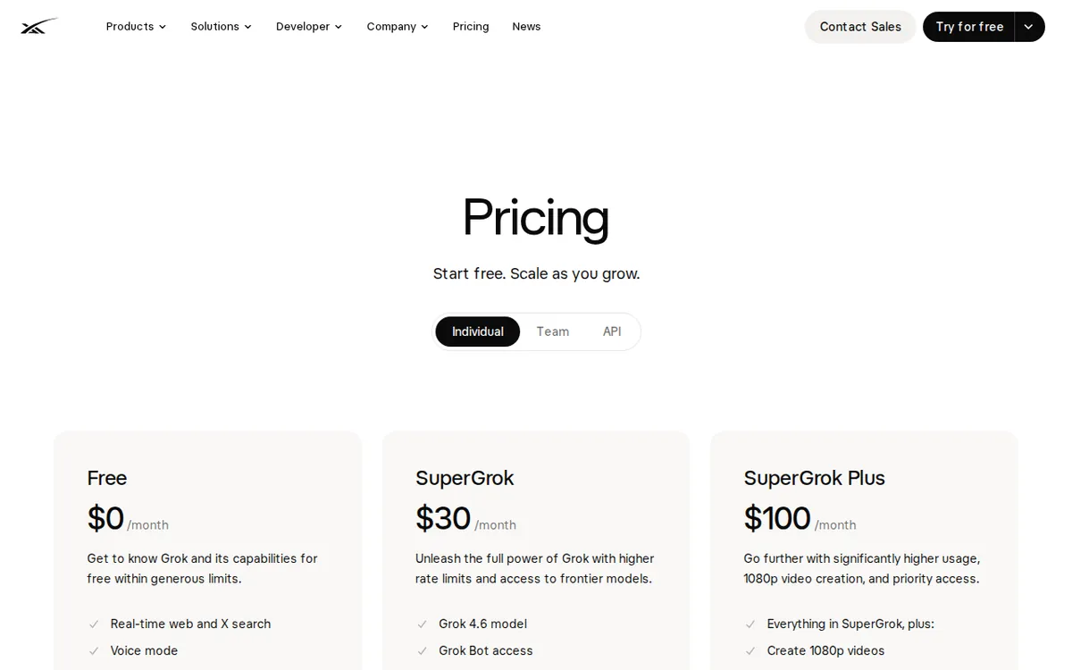 Screenshot of x.ai (official pricing page), captured 2026-10-04