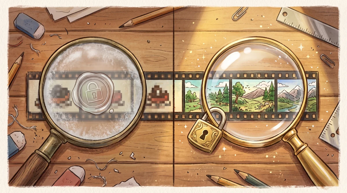AMPM illustration: The free tier delivers coarse frames stamped with marks, while pristine sharpness remains locked behi