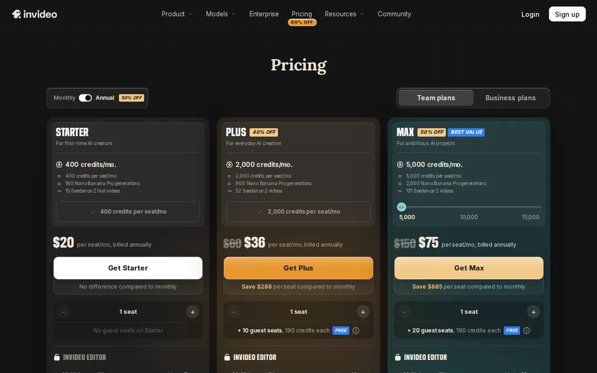 Screenshot of invideo.io (official pricing page), captured 2026-10-07