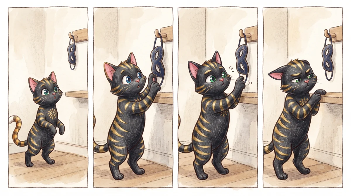 問問貓四格漫畫：單一貓跳台掛著唯一面具