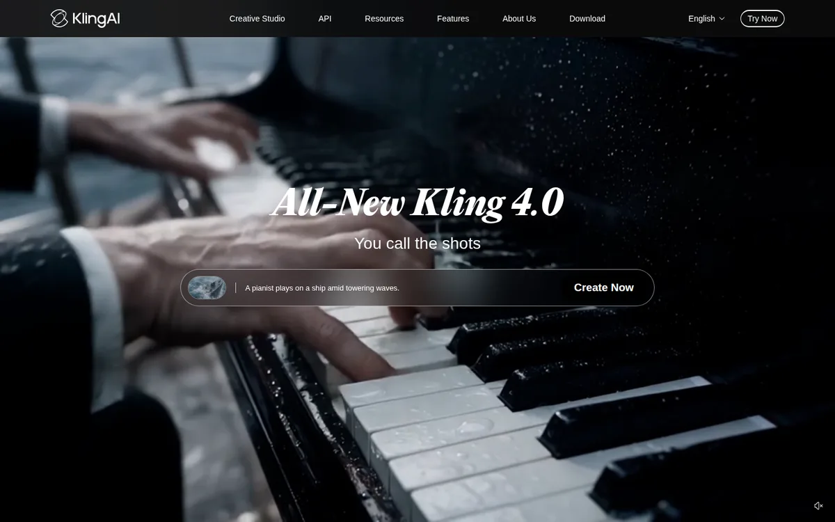 Kling 官網首頁首屏：All-New Kling 4.0，You call the shots，2026-09-29 截圖