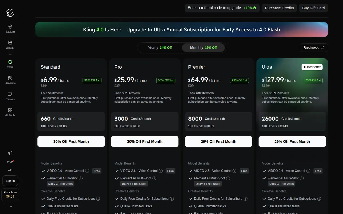 Screenshot of kling.ai (official pricing page), captured 2026-10-08