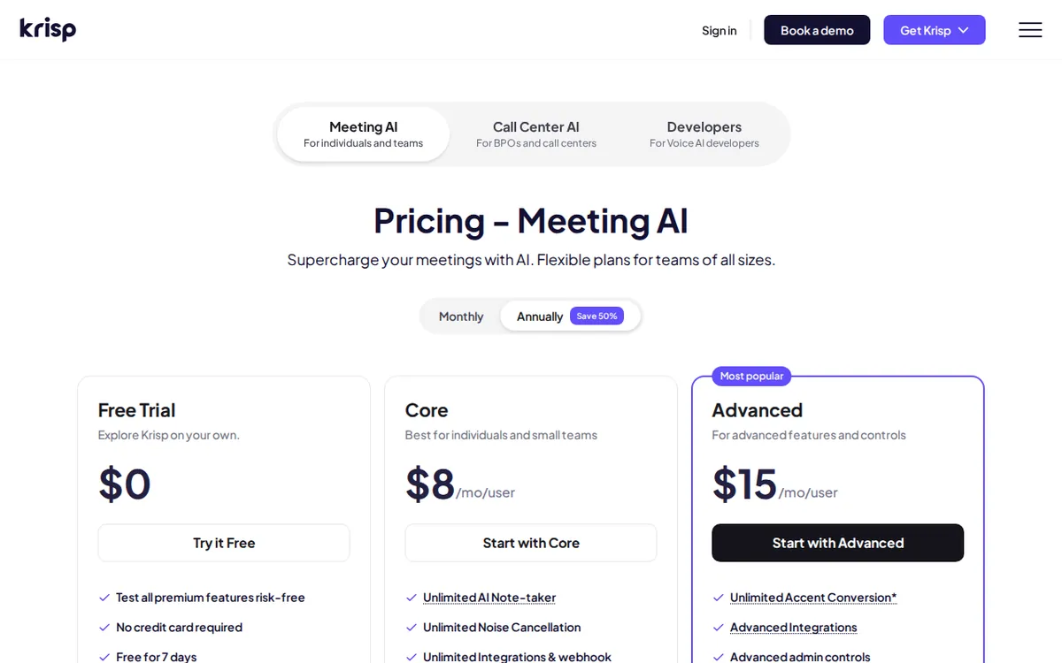 Screenshot of krisp.ai (official pricing page), captured 2026-10-08