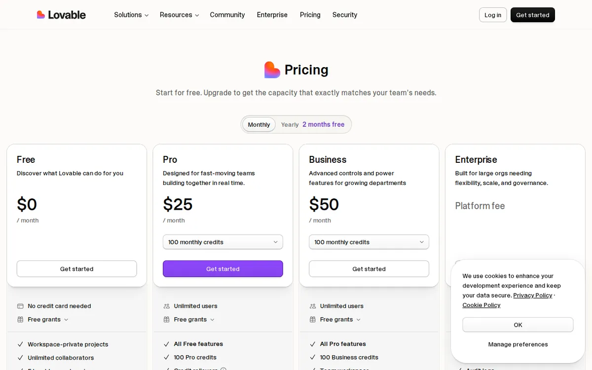 Screenshot of lovable.dev (official pricing page), captured 2026-10-07