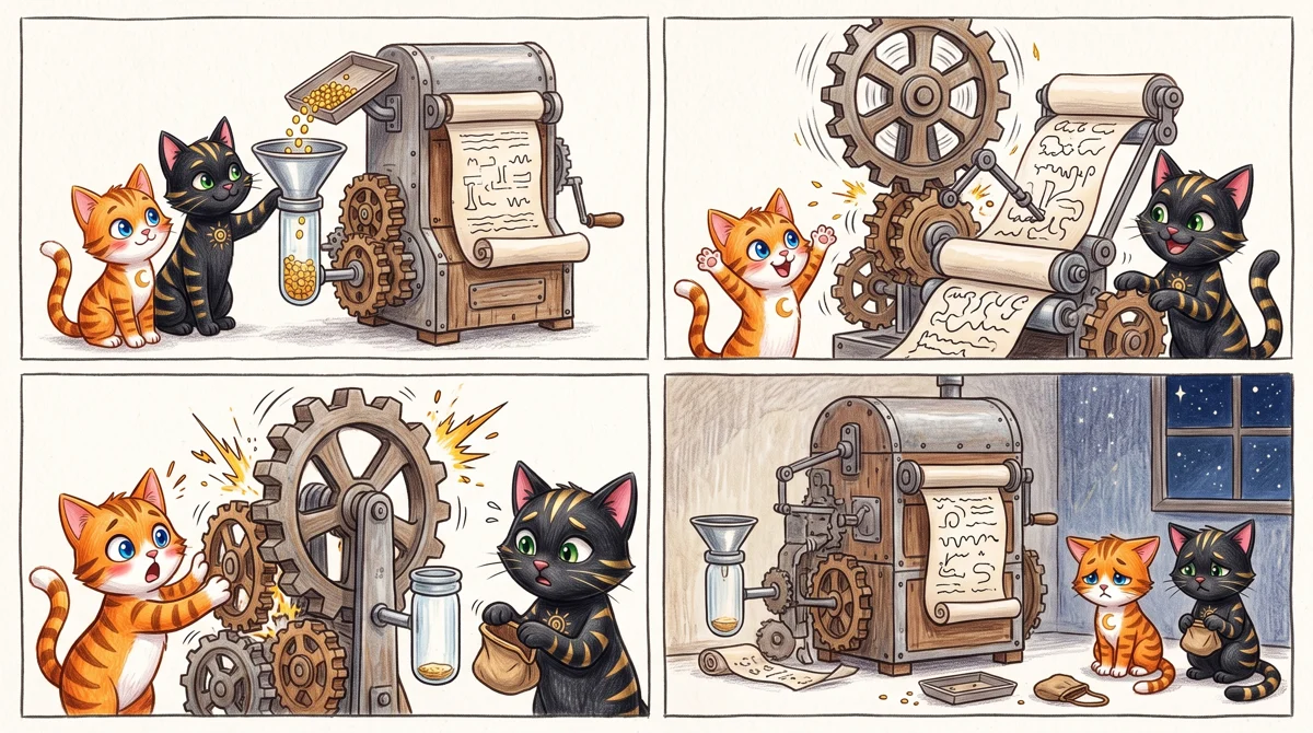 AMPM wordless comic: A complex research task grinds to a dead stop when the small daily fuel supply empties halfway thro