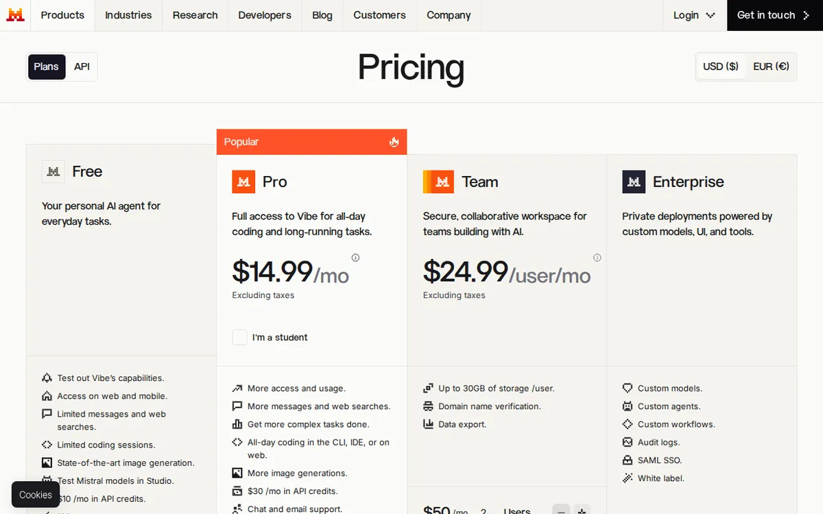 Screenshot of mistral.ai (official pricing page), captured 2026-10-04