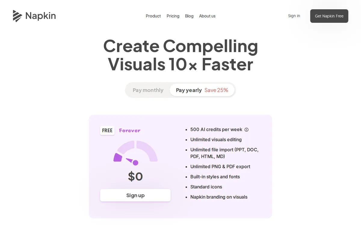 Screenshot of napkin.ai (official pricing page), captured 2026-10-08