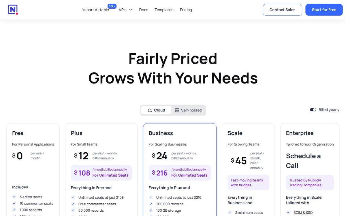 Screenshot of nocodb.com (official pricing page), captured 2026-10-21