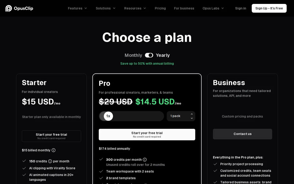 Screenshot of opus.pro (official pricing page), captured 2026-10-07