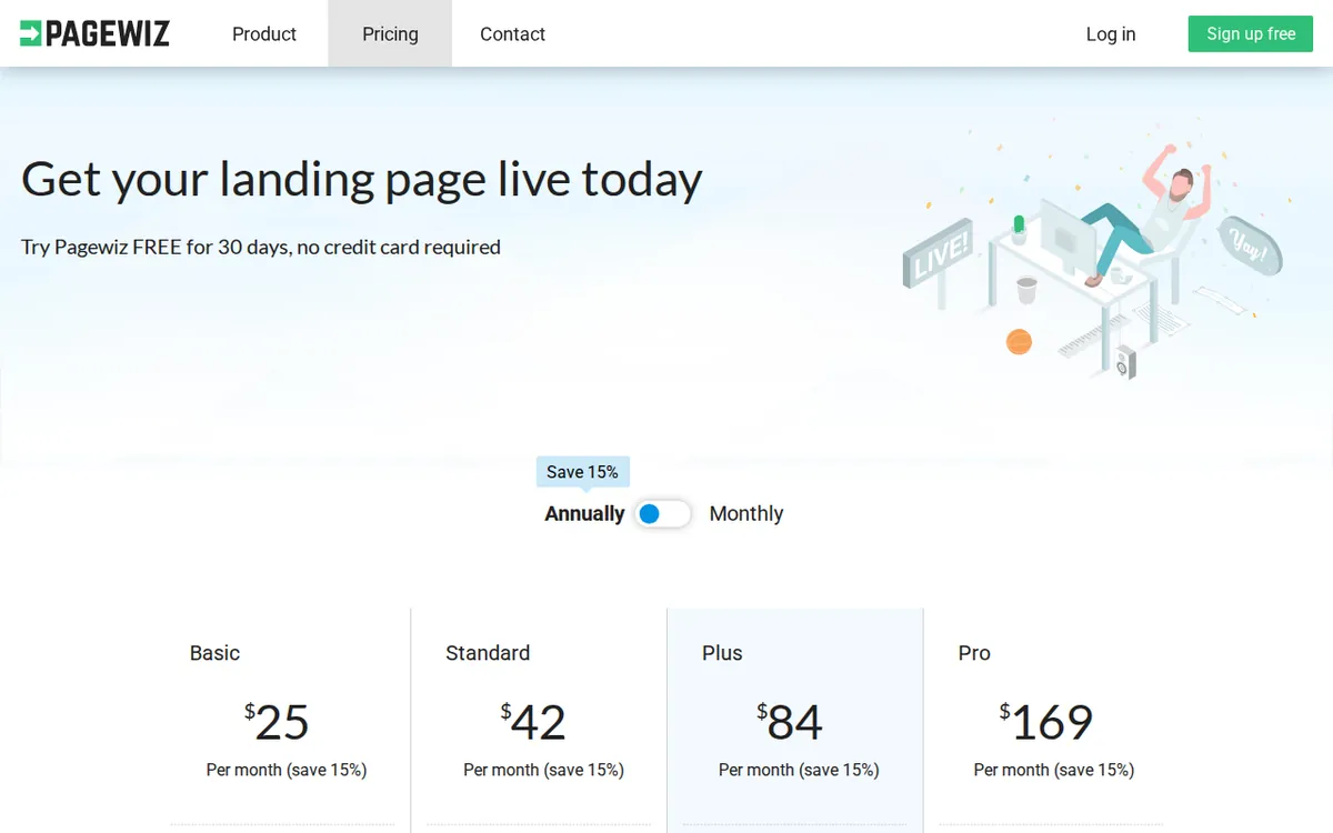 Screenshot of pagewiz.com (official pricing page), captured 2026-10-22