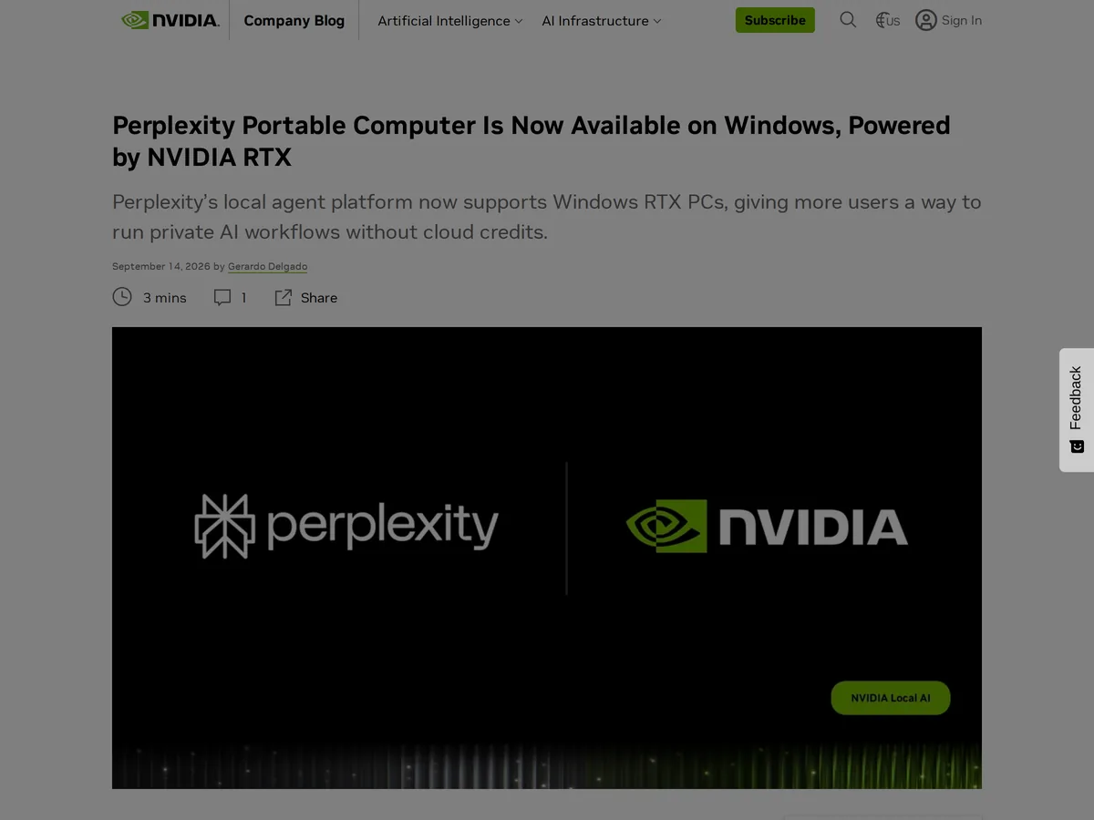 NVIDIA 官方部落格 2026-09-14 文章首屏截圖：Perplexity Portable Computer 在 Windows 上推出，由 NVIDIA RTX 加速