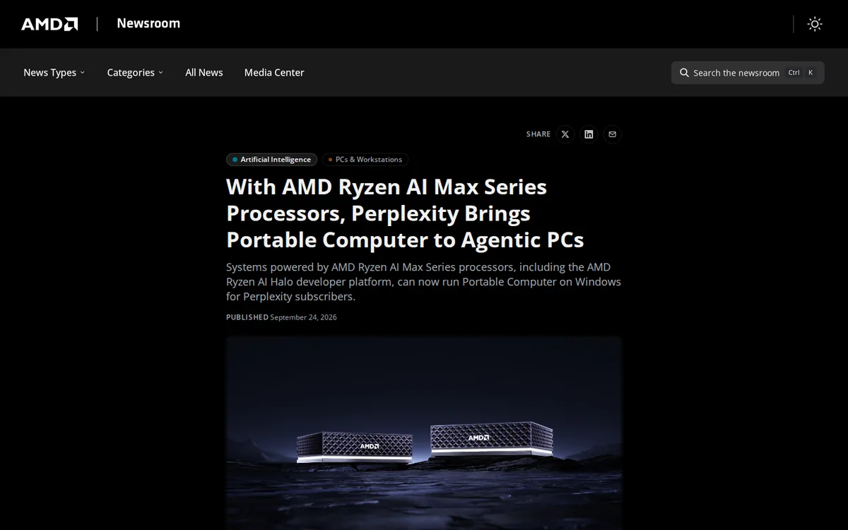 AMD 新聞室 2026-09-24 公告頁截圖：Ryzen AI Max 系列處理器系統可在 Windows 上執行 Perplexity Portable Computer