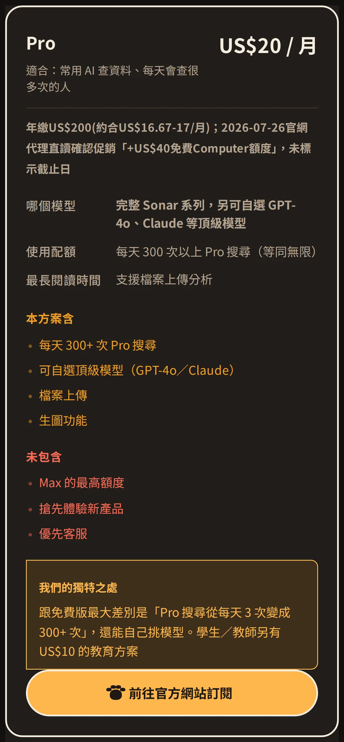 問問貓 Perplexity 方案差異表截圖（1/2：Pro US$20／月），2026-09-29