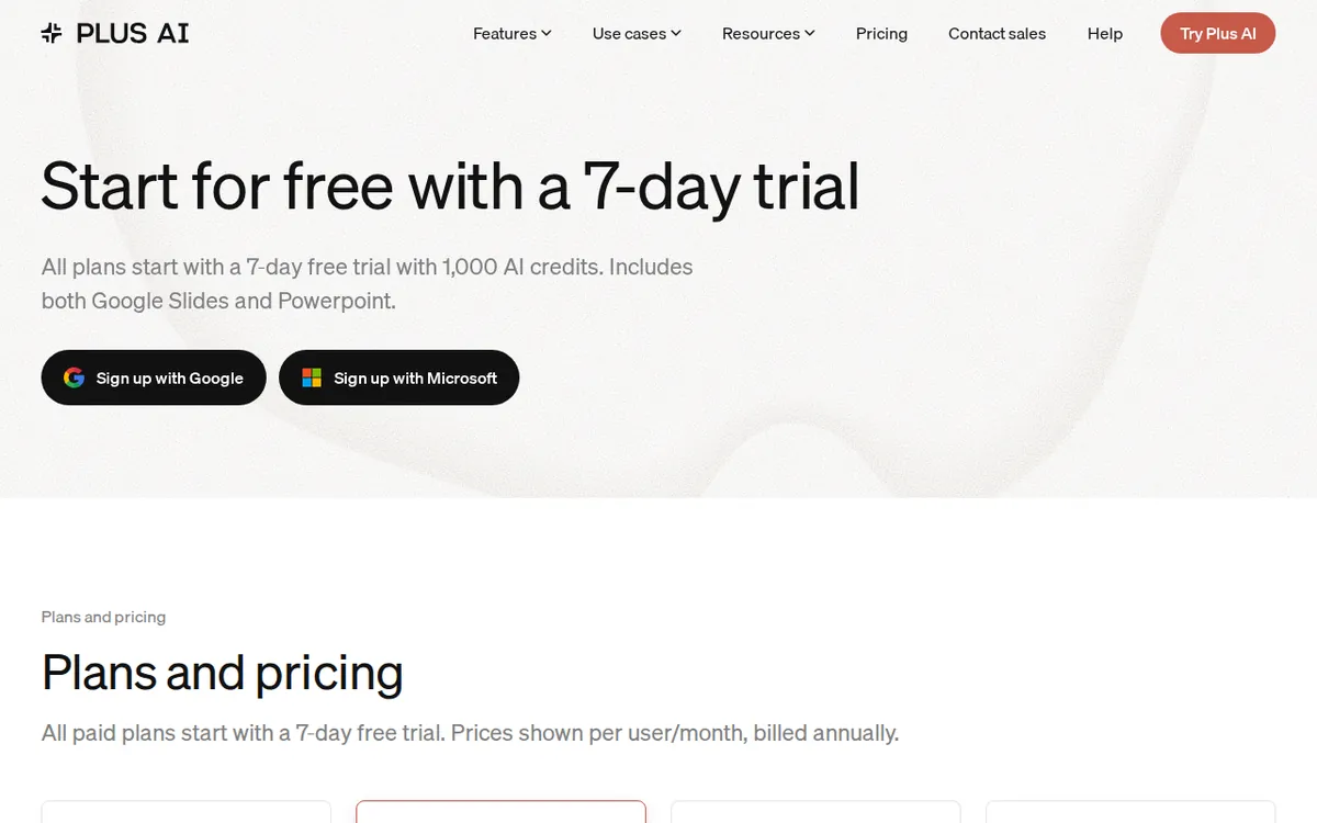 Screenshot of plusai.com (official pricing page), captured 2026-10-20
