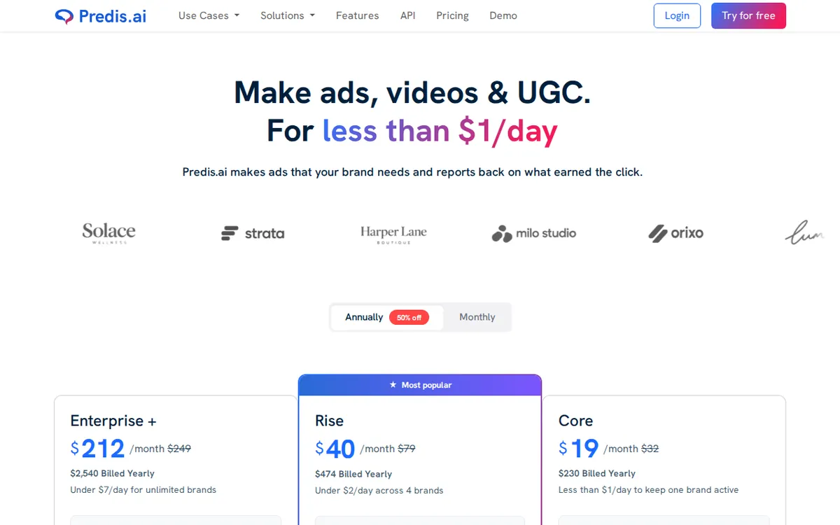 Screenshot of predis.ai (official pricing page), captured 2026-10-21