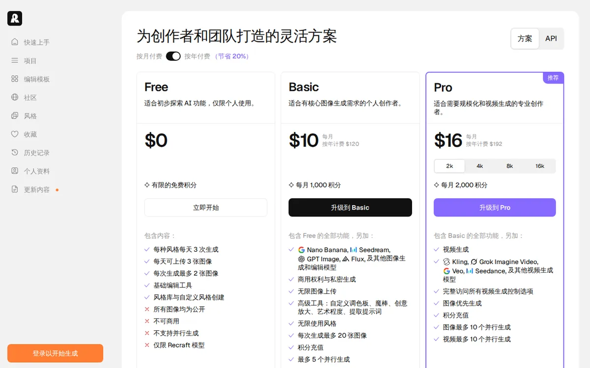 Recraft官方定價頁截圖：recraft.ai，2026-10-08 擷取