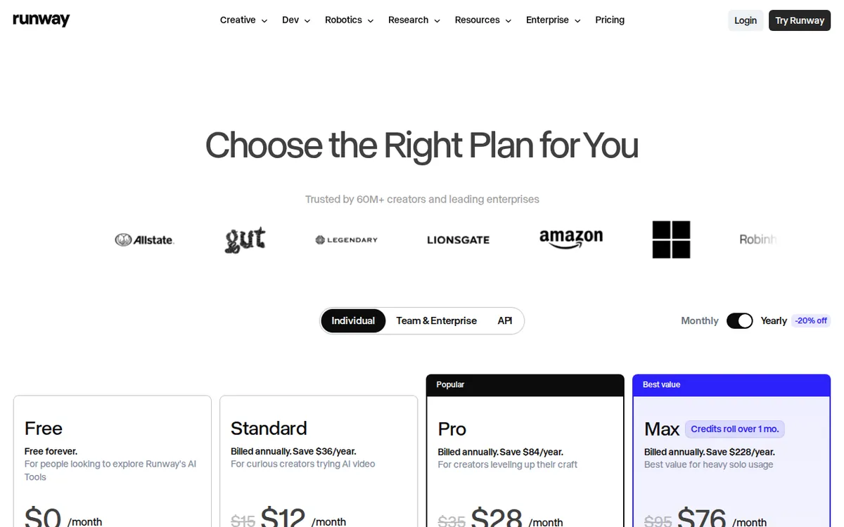 Screenshot of runway.com (official pricing page), captured 2026-10-05
