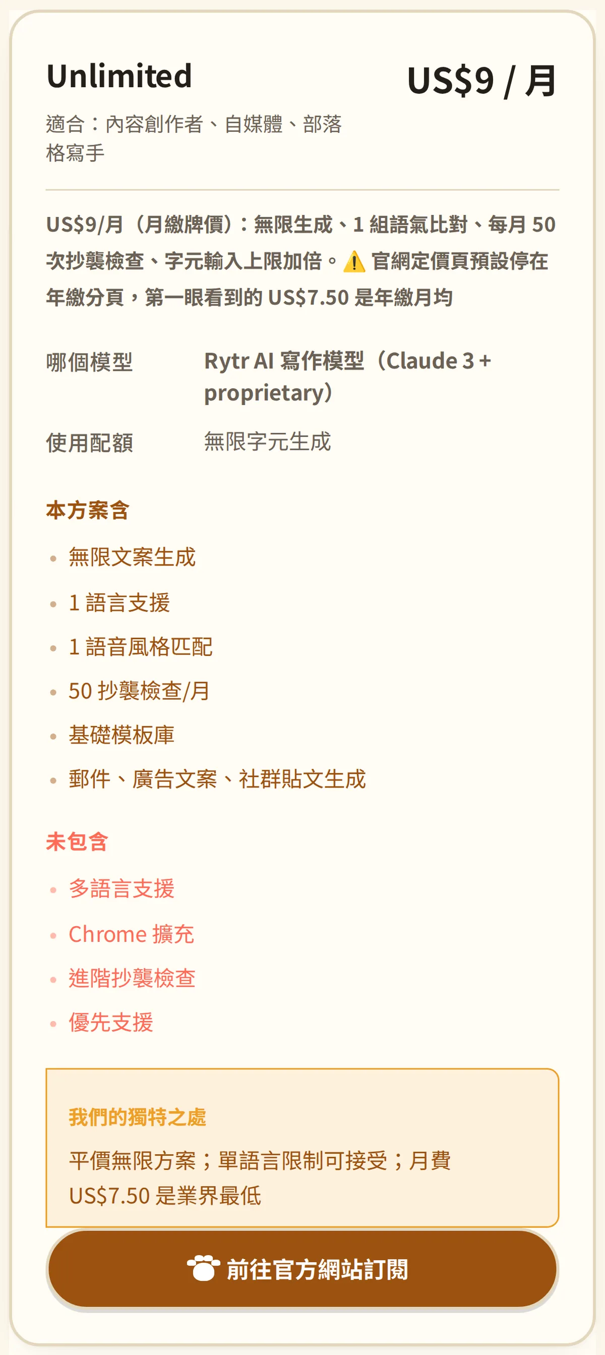 問問貓 Rytr 方案差異表截圖（1/2：Unlimited），2026-09-29