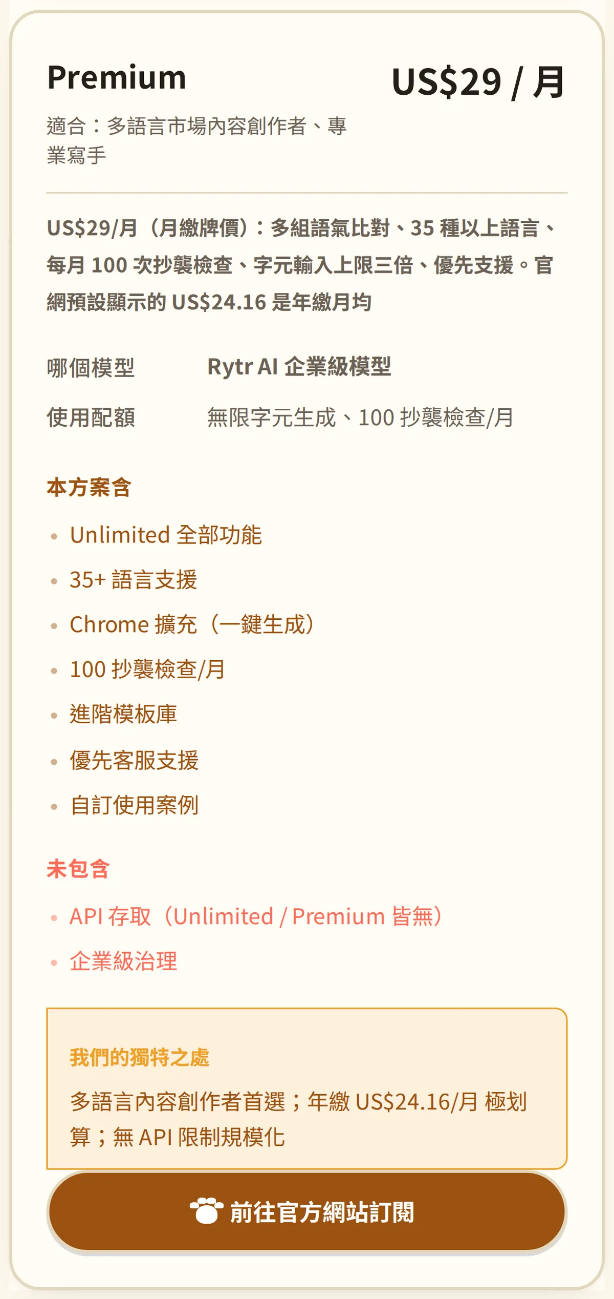 問問貓 Rytr 方案差異表截圖（2/2：Premium），2026-09-29