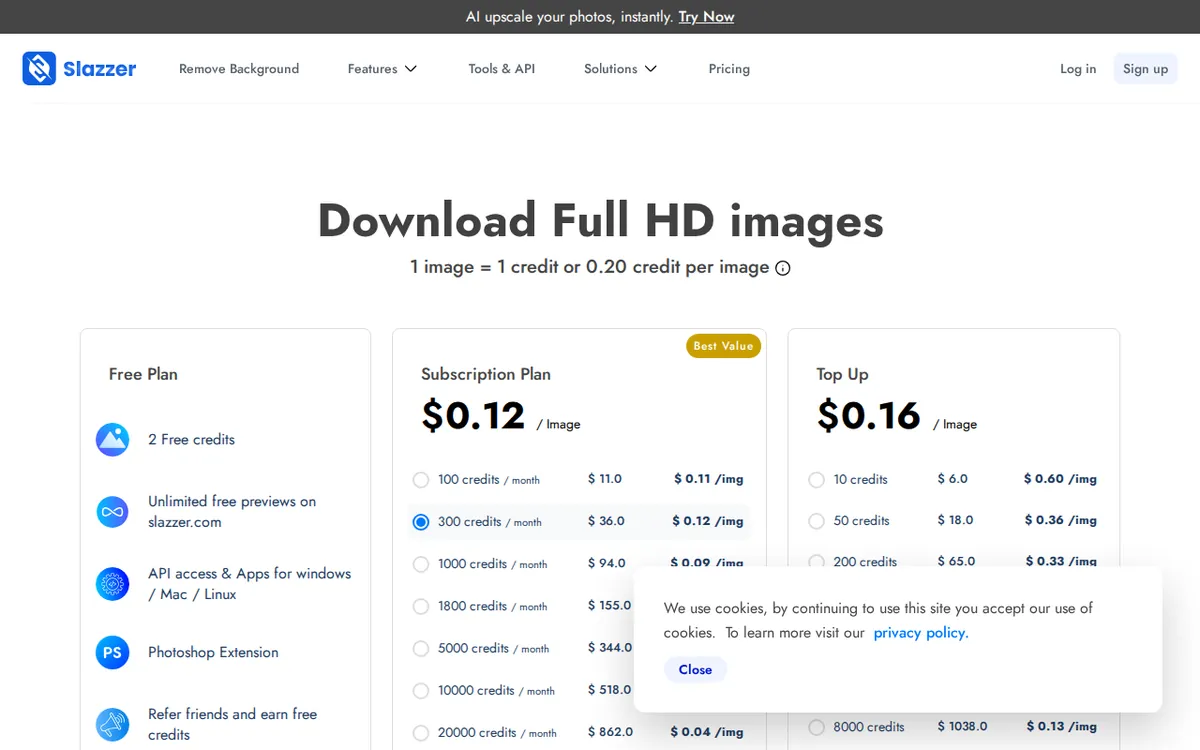 Screenshot of slazzer.com (official pricing page), captured 2026-10-23