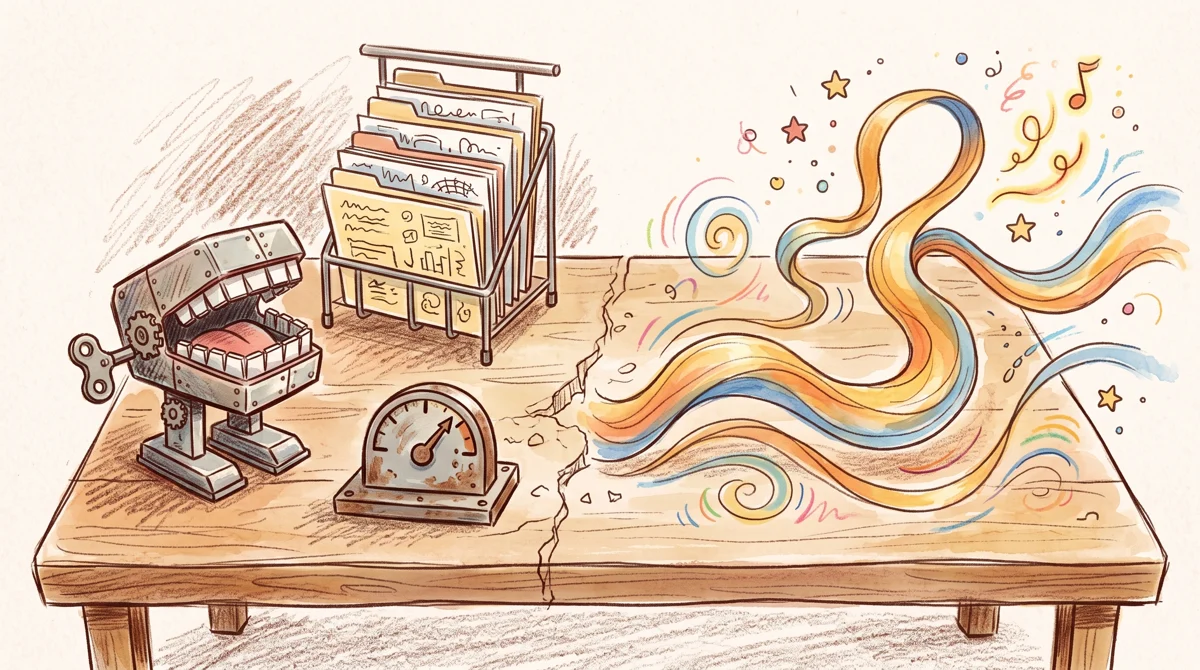 AMPM illustration: Illustration contrasting rigid mechanical voice components, restrained playback dials, and cramped fi