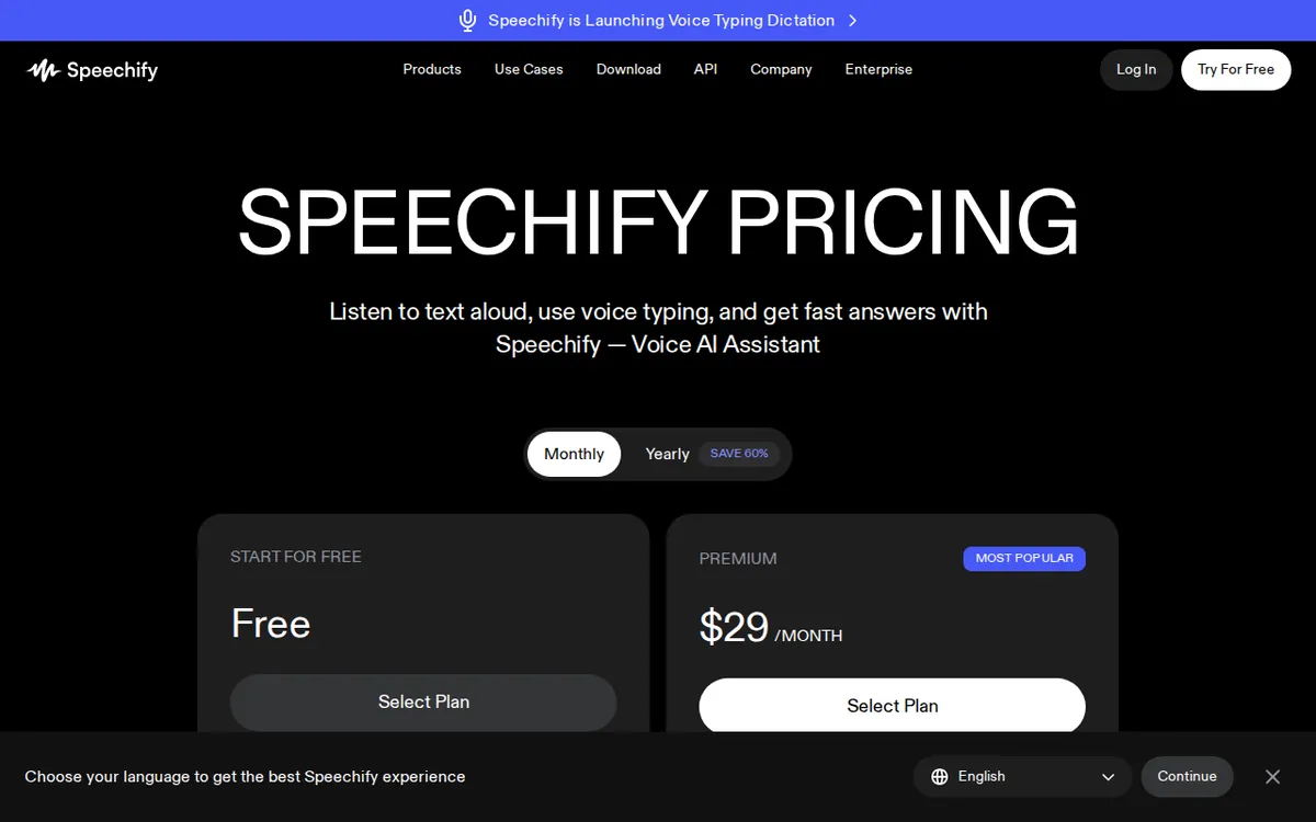 Screenshot of speechify.com (official pricing page), captured 2026-10-07