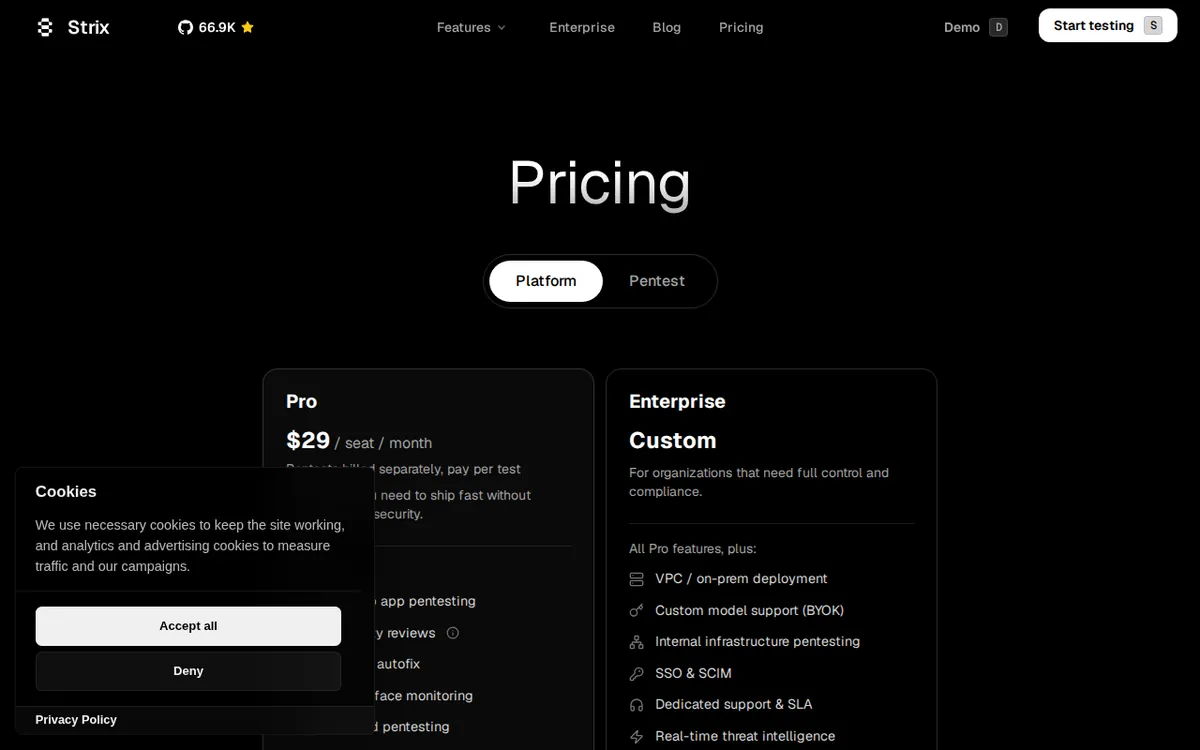Screenshot of strix.ai (official pricing page), captured 2026-10-07