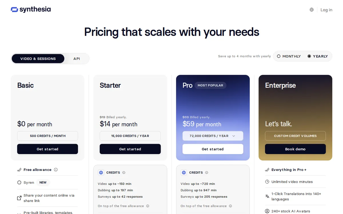 Screenshot of synthesia.io (official pricing page), captured 2026-10-10